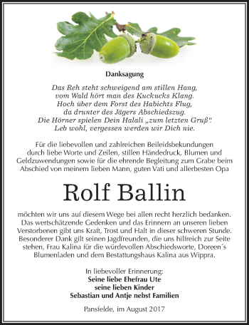 Traueranzeige von Rolf Ballin von Mitteldeutsche Zeitung Quedlinburg