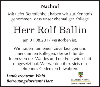 Traueranzeige von Rolf Ballin von Mitteldeutsche Zeitung Quedlinburg