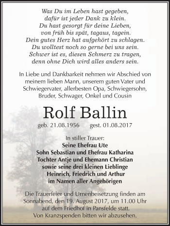 Traueranzeige von Rolf Ballin von WVG - Wochenspiegel Quedlinburg