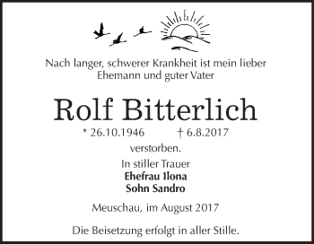 Traueranzeige von Rolf Bitterlich von WVG - Wochenspiegel Merseburg