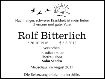 Traueranzeige von Rolf Bitterlich von Mitteldeutsche Zeitung Merseburg/Querfurt