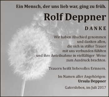 Traueranzeige von Rolf Deppner von Super Sonntag Aschersleben