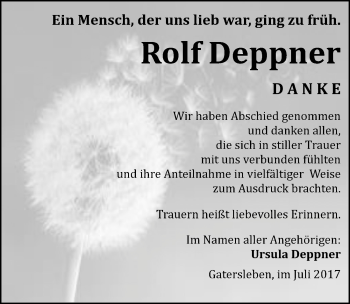 Traueranzeige von Rolf Deppner von Mitteldeutsche Zeitung Aschersleben