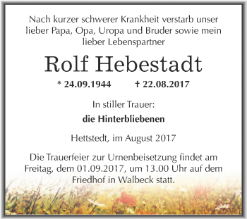 Traueranzeige von Rolf Hebestadt von Wochenspiegel Mansfelder Land