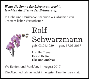 Traueranzeige von Rolf Schwarzmann von WVG - Wochenspiegel NMB / WSF / ZTZ