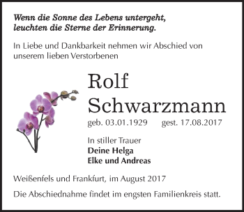 Traueranzeige von Rolf Schwarzmann von Mitteldeutsche Zeitung Weißenfels