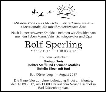 Traueranzeige von Rolf Sperling von Mitteldeutsche Zeitung Merseburg/Querfurt
