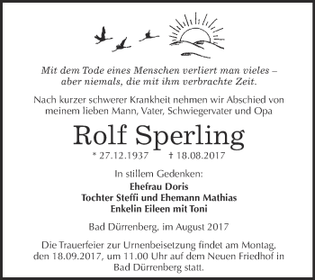 Traueranzeige von Rolf Sperling von Super Sonntag Merseburg