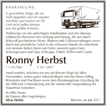 Traueranzeige von Ronny Herbst von WVG - Wochenspiegel Dessau / Köthen