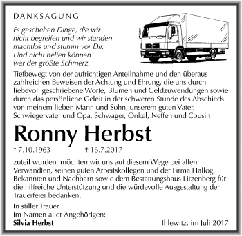 Traueranzeige von Ronny Herbst von Mitteldeutsche Zeitung Mansfelder Land