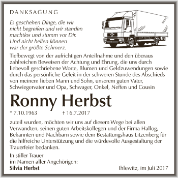 Traueranzeige von Ronny Herbst von Wochenspiegel Mansfelder Land