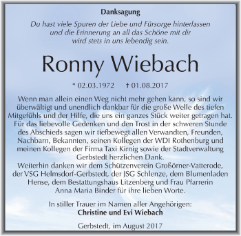 Traueranzeige von Ronny Wiebach von Mitteldeutsche Zeitung Mansfelder Land