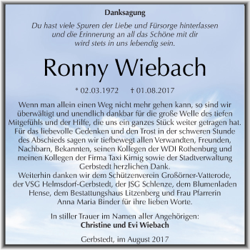 Traueranzeige von Ronny Wiebach von Wochenspiegel Mansfelder Land