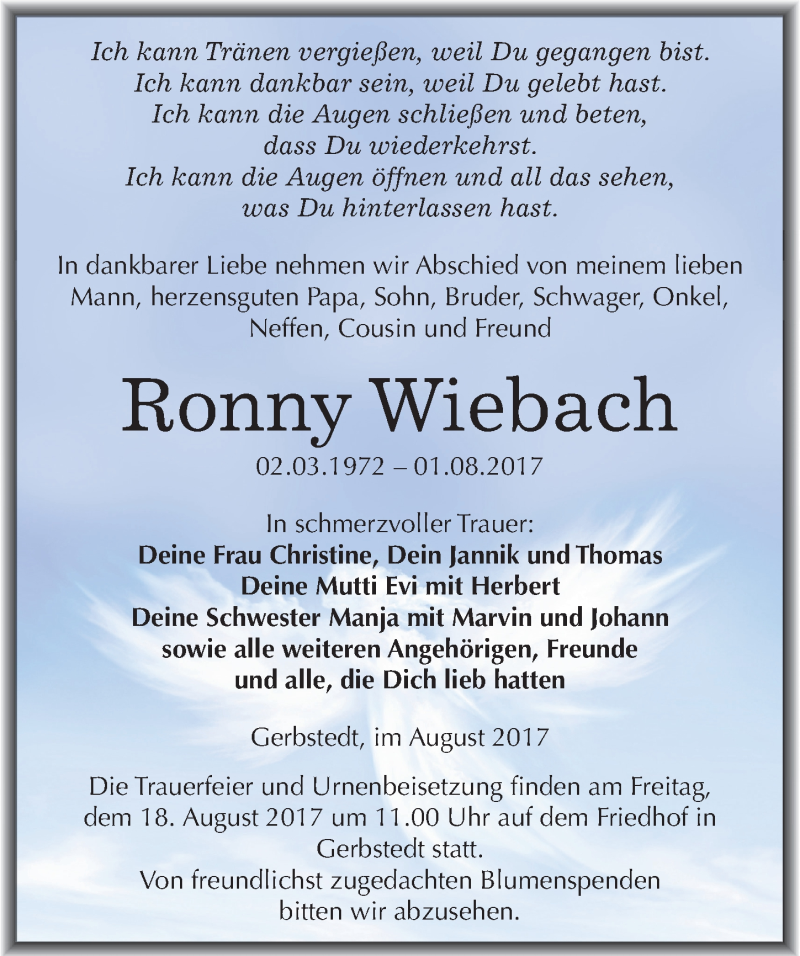  Traueranzeige für Ronny Wiebach vom 15.08.2017 aus Mitteldeutsche Zeitung Mansfelder Land