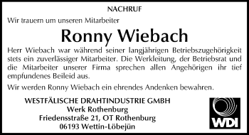 Traueranzeige von Ronny Wiebach von Mitteldeutsche Zeitung Mansfelder Land