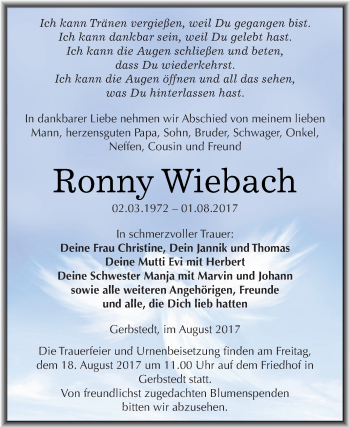 Traueranzeige von Ronny Wiebach von Super Sonntag SGH Mansf. Land