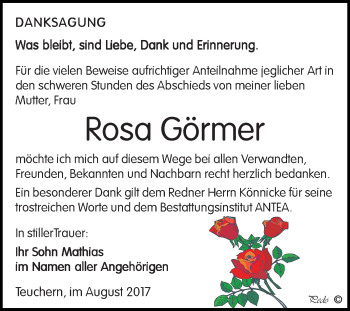 Traueranzeige von Rosa Görmer von WVG - Wochenspiegel NMB / WSF / ZTZ