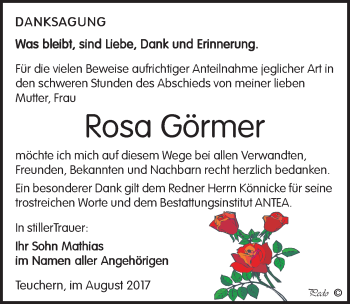 Traueranzeige von Rosa Görmer von Mitteldeutsche Zeitung Weißenfels