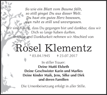 Traueranzeige von Rosel Klementz von WVG - Wochenspiegel Bitterfeld