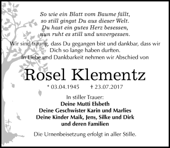 Traueranzeige von Rosel Klementz von Mitteldeutsche Zeitung Bitterfeld