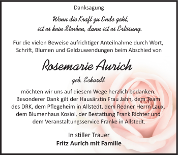 Traueranzeige von Rosemarie Aurich von Mitteldeutsche Zeitung Sangerhausen