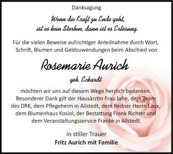 Traueranzeige von Rosemarie Aurich von Super Sonntag SGH Mansf. Land