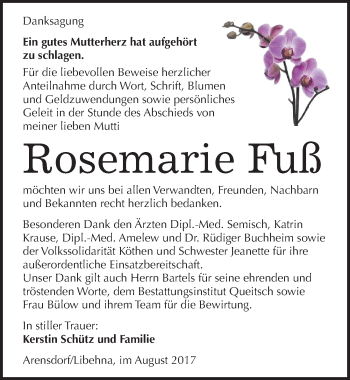 Traueranzeige von Rosemarie Fuß von Mitteldeutsche Zeitung Köthen