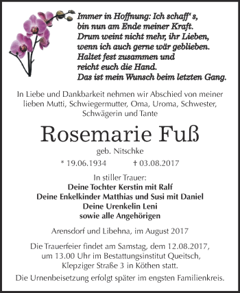 Traueranzeige von Rosemarie Fuß von WVG - Wochenspiegel Dessau / Köthen