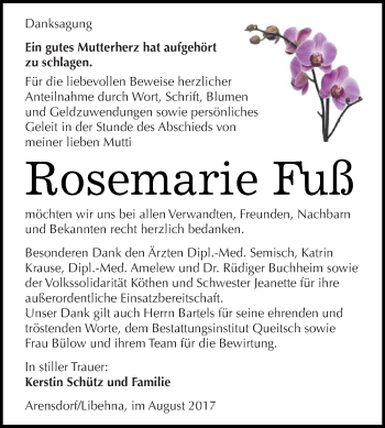 Traueranzeige von Rosemarie Fuß von WVG - Wochenspiegel Dessau / Köthen