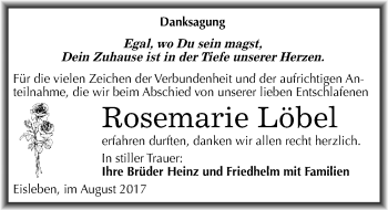 Traueranzeige von Rosemarie Löbel von Mitteldeutsche Zeitung Mansfelder Land