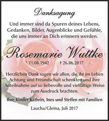 Traueranzeige von Rosemarie Wuttke von WVG - Wochenspiegel NMB / WSF / ZTZ