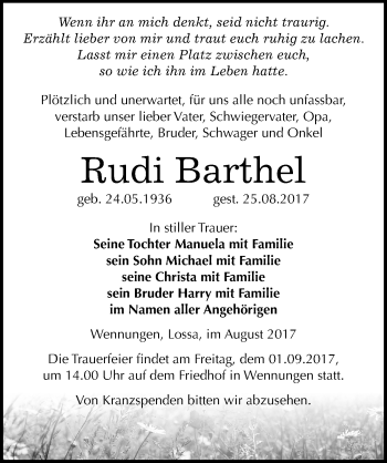 Traueranzeige von Rudi Barthel von Mitteldeutsche Zeitung Naumburg/Nebra