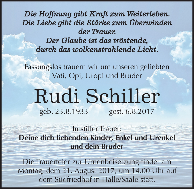  Traueranzeige für Rudi Schiller vom 18.08.2017 aus Mitteldeutsche Zeitung Halle/Saalkreis