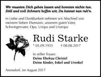 Traueranzeige von Rudi Starke von Mitteldeutsche Zeitung Köthen