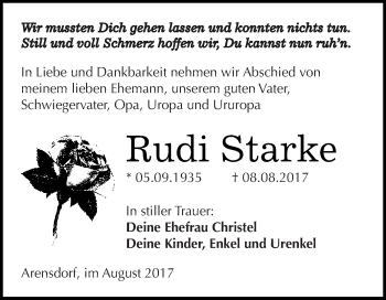 Traueranzeige von Rudi Starke von WVG - Wochenspiegel Dessau / Köthen