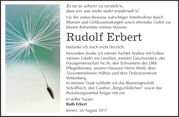 Traueranzeige von Rudolf Erbert von WVG - Wochenspiegel Wittenberg