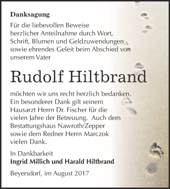 Traueranzeige von Rudolf Hiltbrand von WVG - Wochenspiegel Bitterfeld