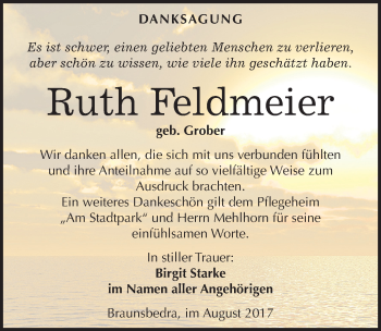 Traueranzeige von Ruth Feldmeier von Mitteldeutsche Zeitung Merseburg/Querfurt