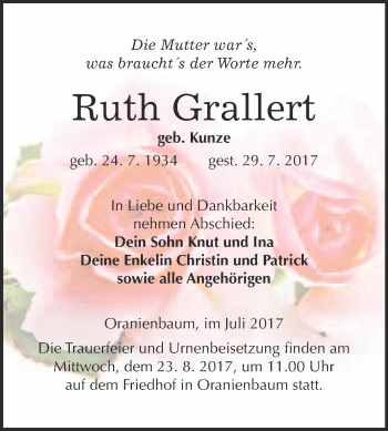 Traueranzeige von Ruth Grallert von WVG - Wochenspiegel Wittenberg