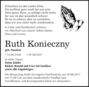 Traueranzeige von Ruth Konieczny von Mitteldeutsche Zeitung Bitterfeld