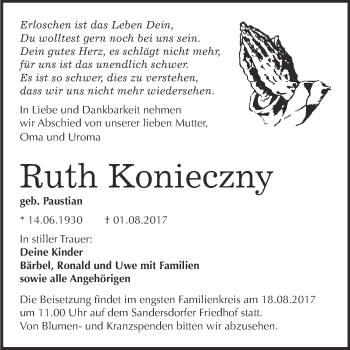 Traueranzeige von Ruth Konieczny von WVG - Wochenspiegel Bitterfeld