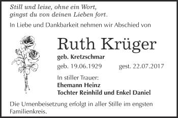 Traueranzeige von Ruth Krüger von WVG - Wochenspiegel Bitterfeld
