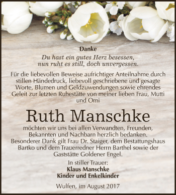 Traueranzeige von Ruth Manschke von WVG - Wochenspiegel Dessau / Köthen