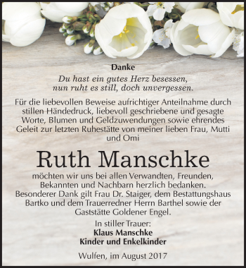Traueranzeige von Ruth Manschke von Mitteldeutsche Zeitung Köthen