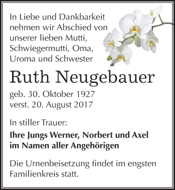 Traueranzeige von Ruth Neugebauer von Mitteldeutsche Zeitung Halle/Saalkreis