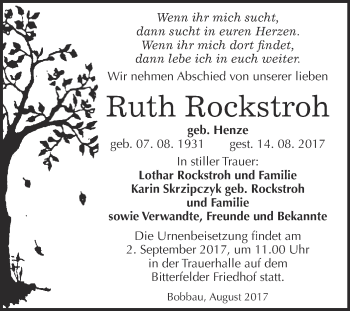 Traueranzeige von Ruth Rockstroh von WVG - Wochenspiegel Bitterfeld