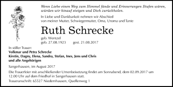 Traueranzeige von Ruth Schrecke von Mitteldeutsche Zeitung Sangerhausen
