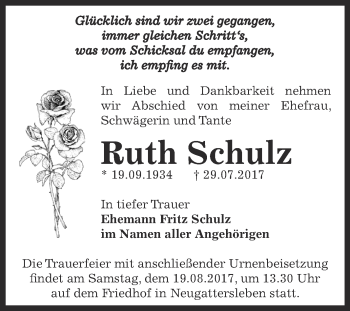 Traueranzeige von Ruth Schulz von Super Sonntag Bernburg