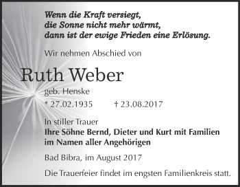 Traueranzeige von Ruth Weber von WVG - Wochenspiegel NMB / WSF / ZTZ