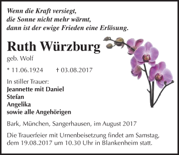 Traueranzeige von Ruth Würzburg von Mitteldeutsche Zeitung Sangerhausen